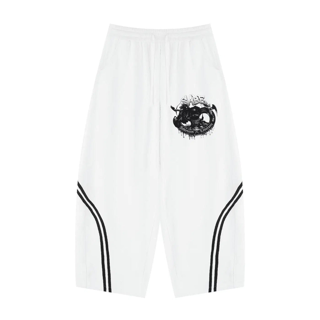 White athletic shorts with black design on a white background