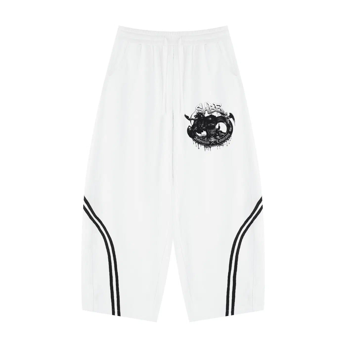 White athletic shorts with black design on a white background
