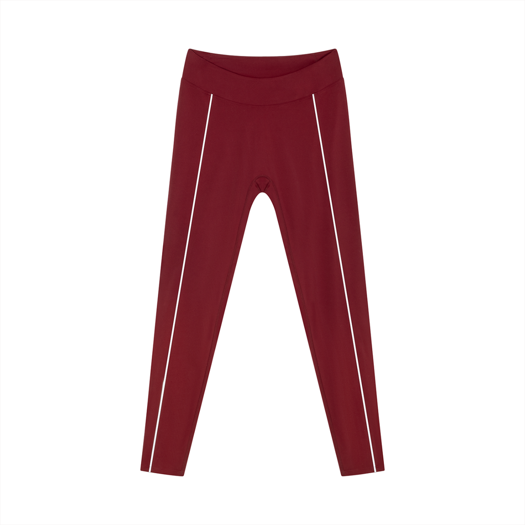 Maroon leggings with white stripes on a white background