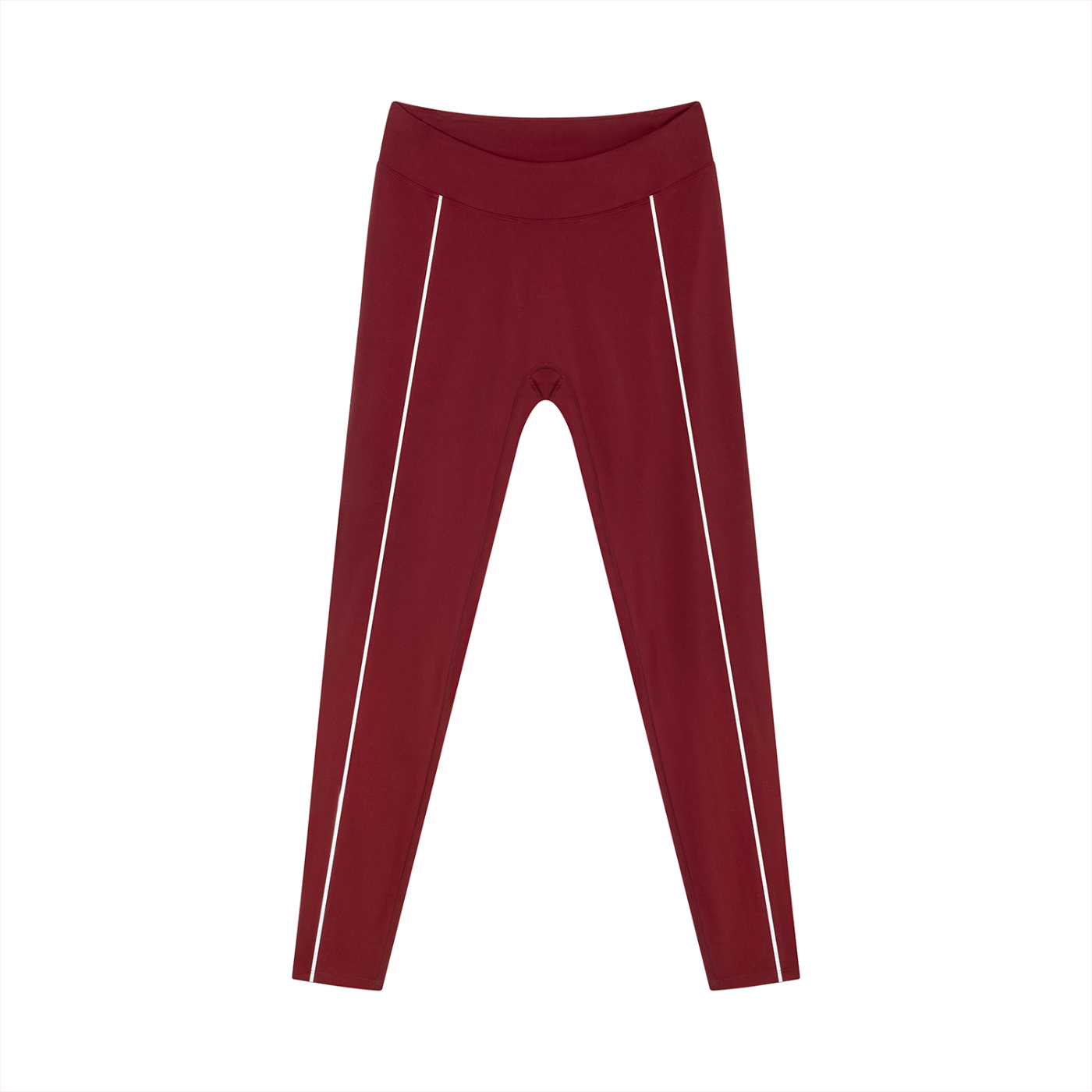 Maroon leggings with white stripes on a white background