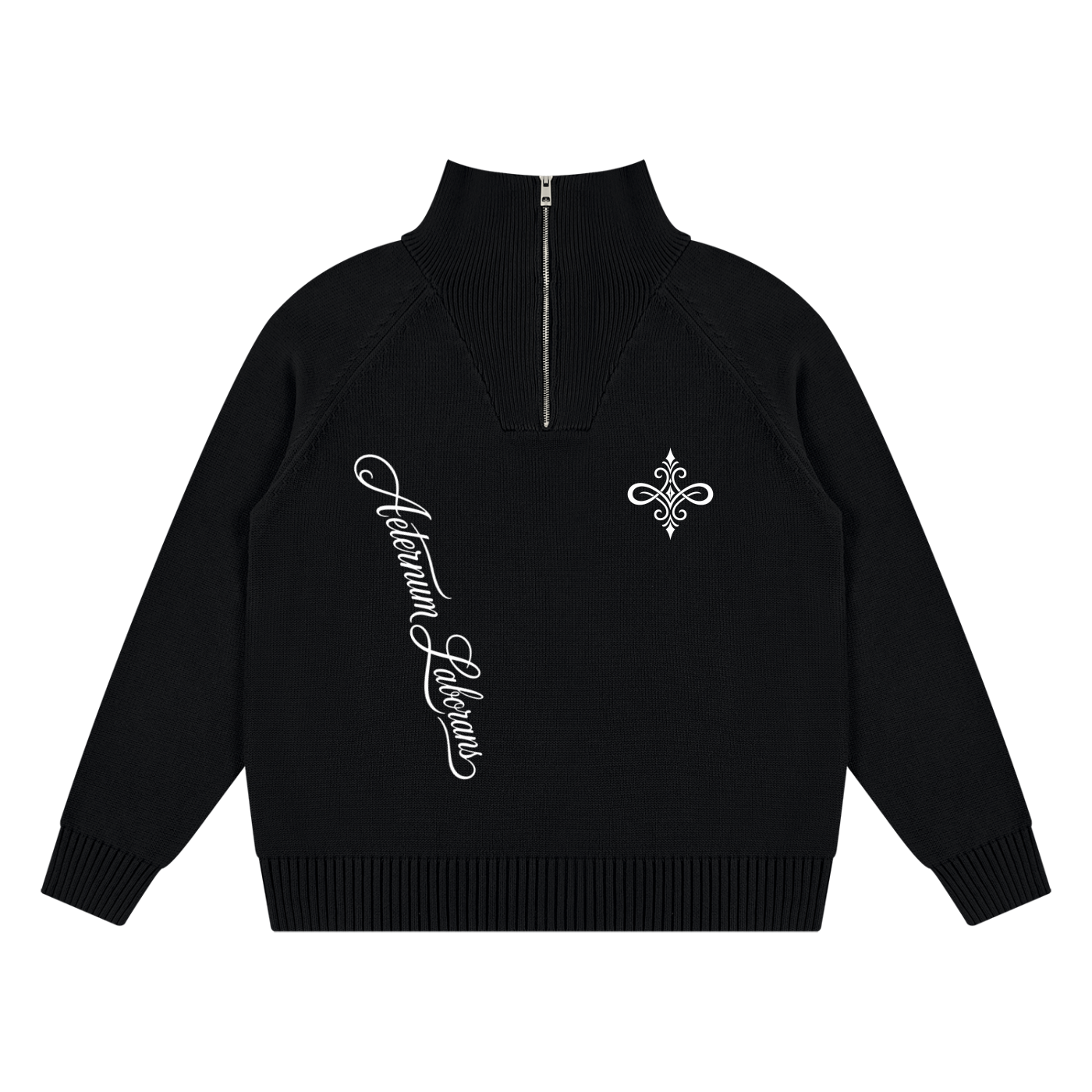 A black long-sleeve knit half-zip sweater with a mock neck, featuring white embroidered script on the right chest and a white fleur-de-lis motif on the left chest, displayed on a solid white background.