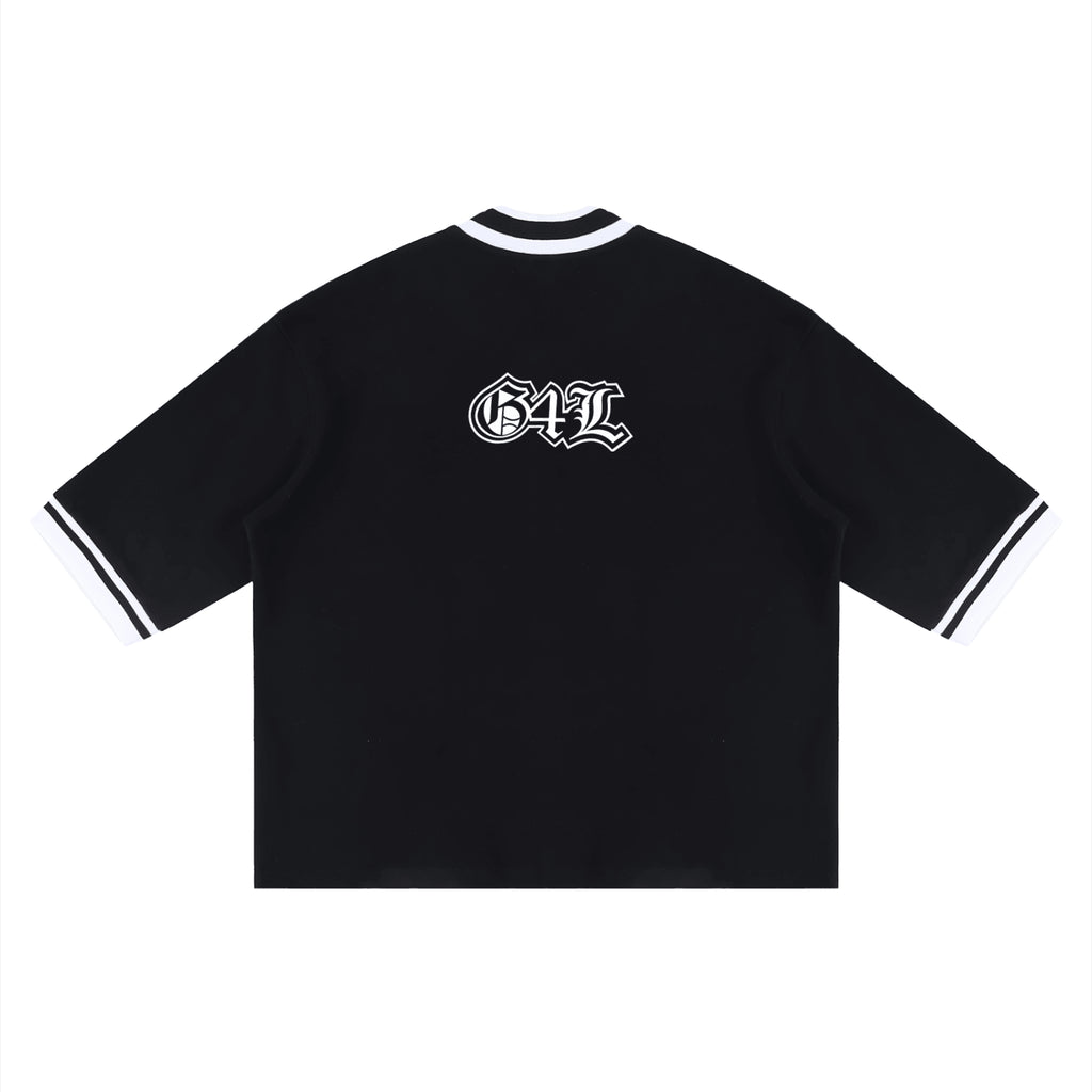 Black t-shirt with 'G4L' logo on a white background