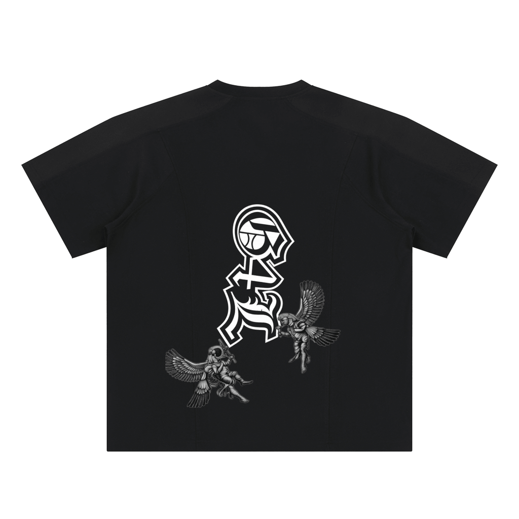 Black t-shirt with white graphic design on a white background