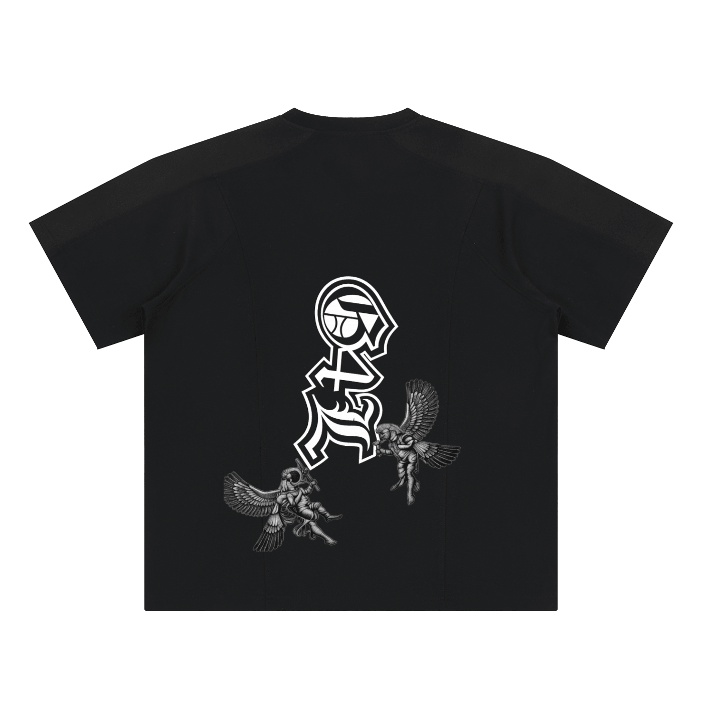 Black t-shirt with white graphic design on a white background