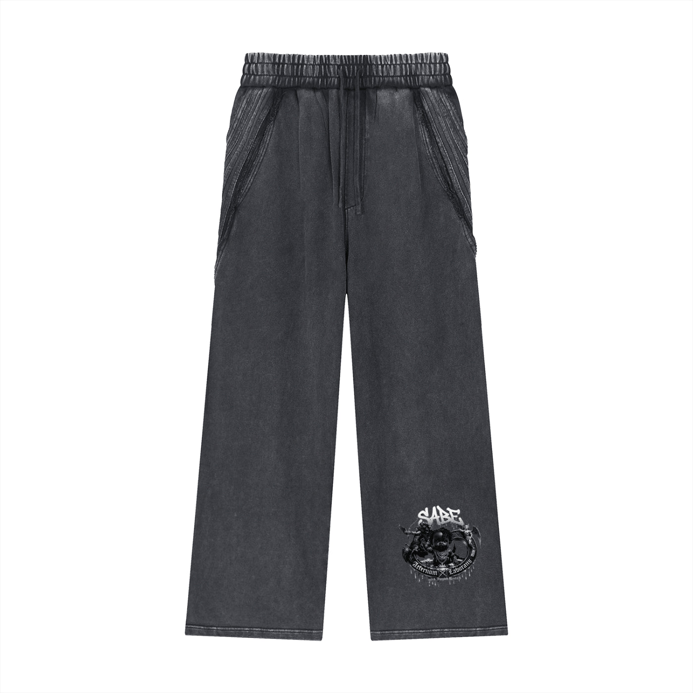 Black pants with a logo on a white background