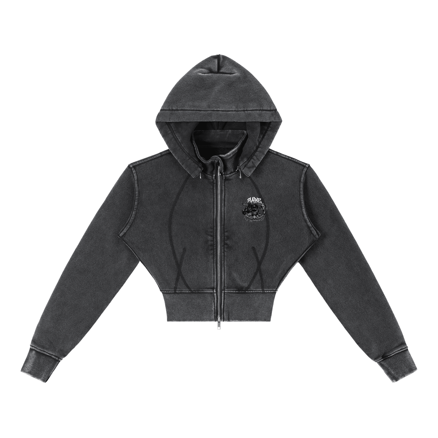 Black hoodie with a brand logo on a white background