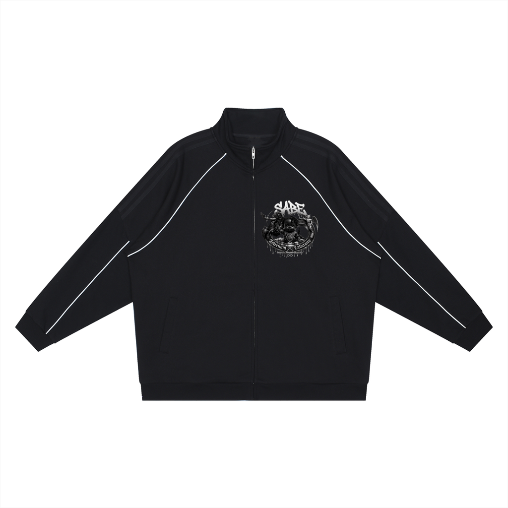 Black quarter-zip sweatshirt with a logo on a white background