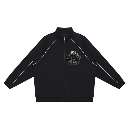 Black quarter-zip sweatshirt with a logo on a white background