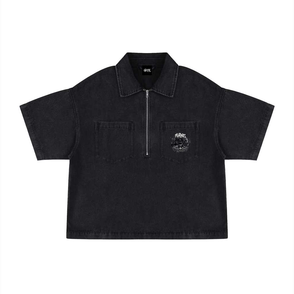 Black short-sleeve shirt with a logo on a white background