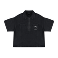 Black short-sleeve shirt with a logo on a white background