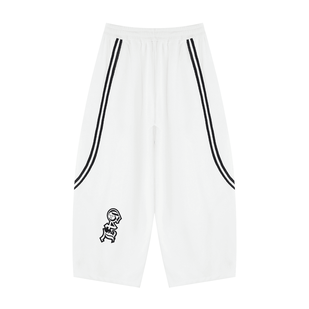 White pants with black stripes and a logo on a white background