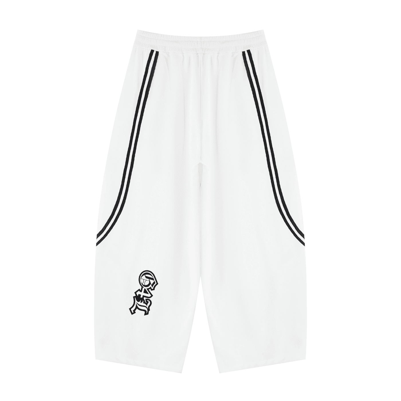 White pants with black stripes and a logo on a white background