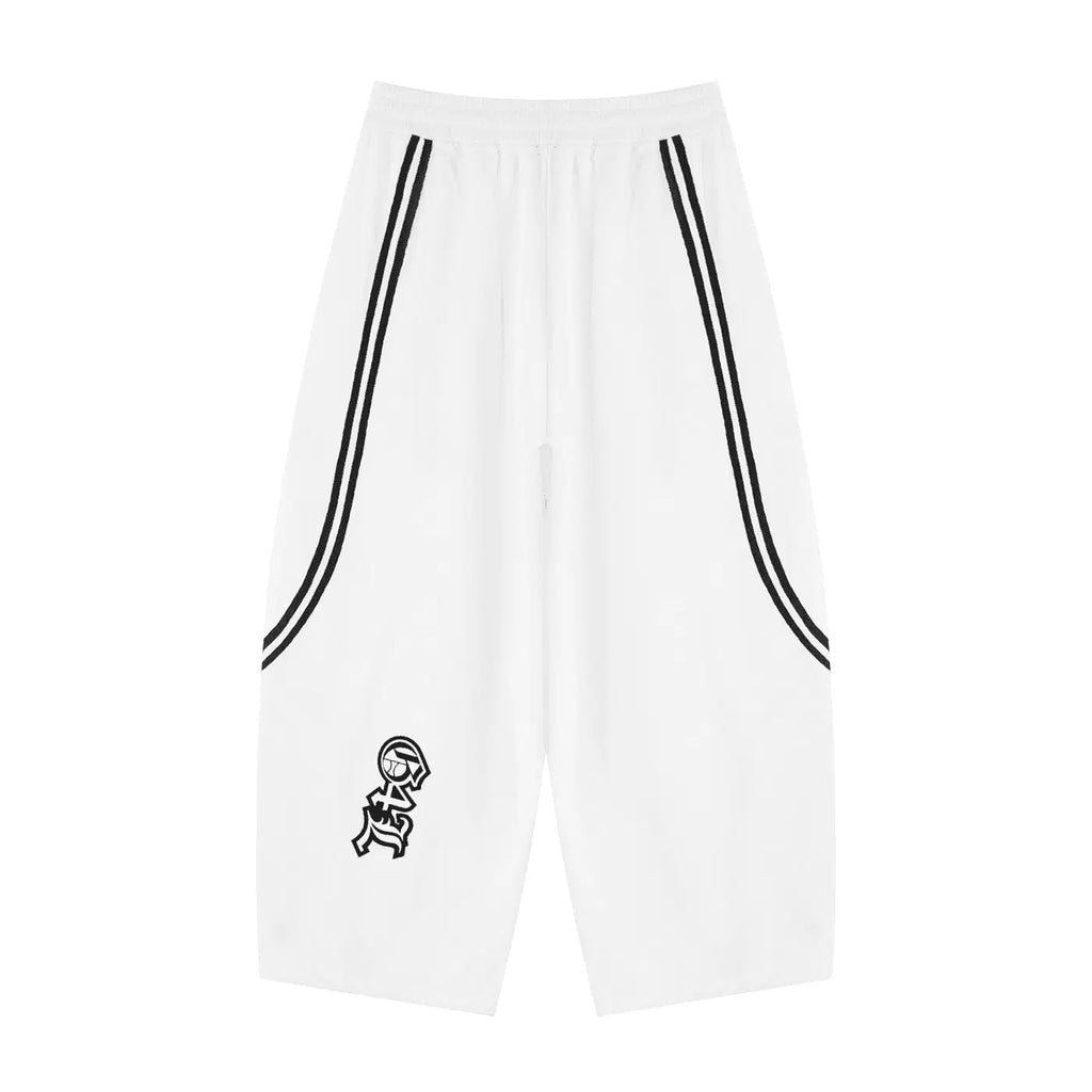 White pants with black stripes and a logo on a white background