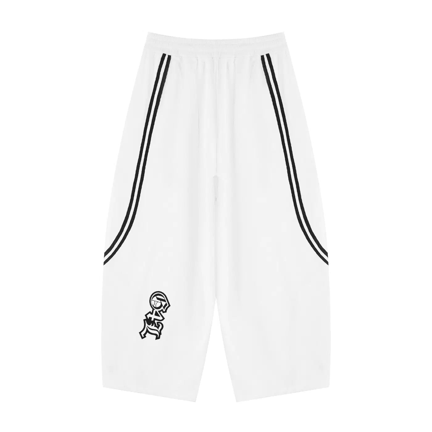 White pants with black stripes and a logo on a white background