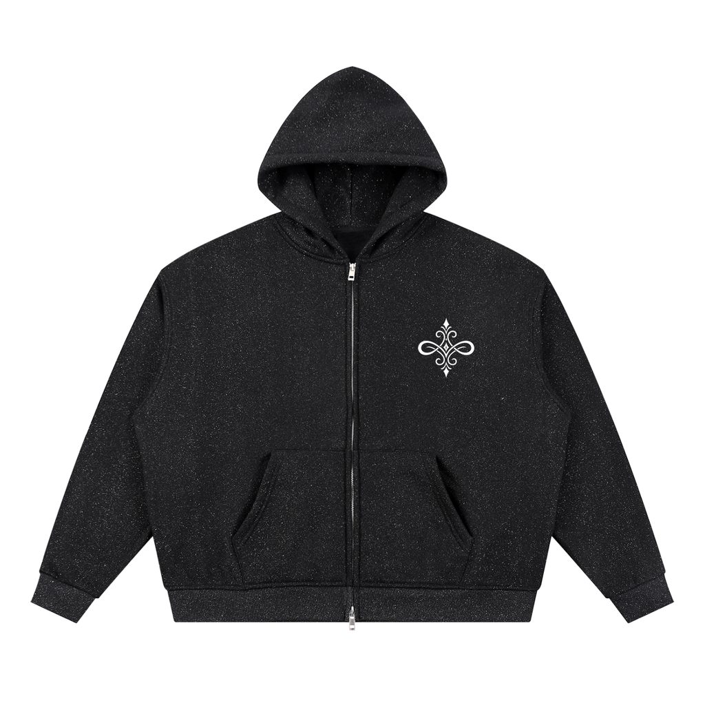 A black heather zip-up hoodie with a small white ornamental emblem on the left chest, displayed on a solid white background.