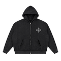 A black heather zip-up hoodie with a small white ornamental emblem on the left chest, displayed on a solid white background.