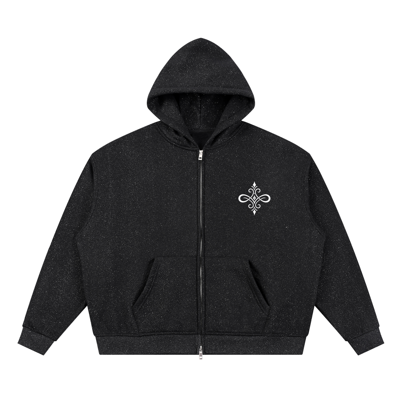 A black heather zip-up hoodie with a small white ornamental emblem on the left chest, displayed on a solid white background.