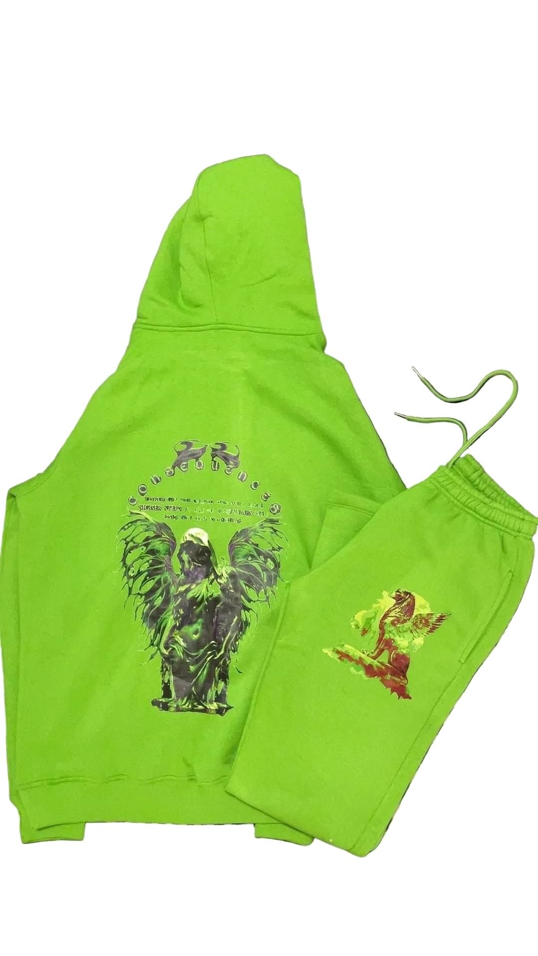 Green hoodie and pants set with graphic designs on a white background