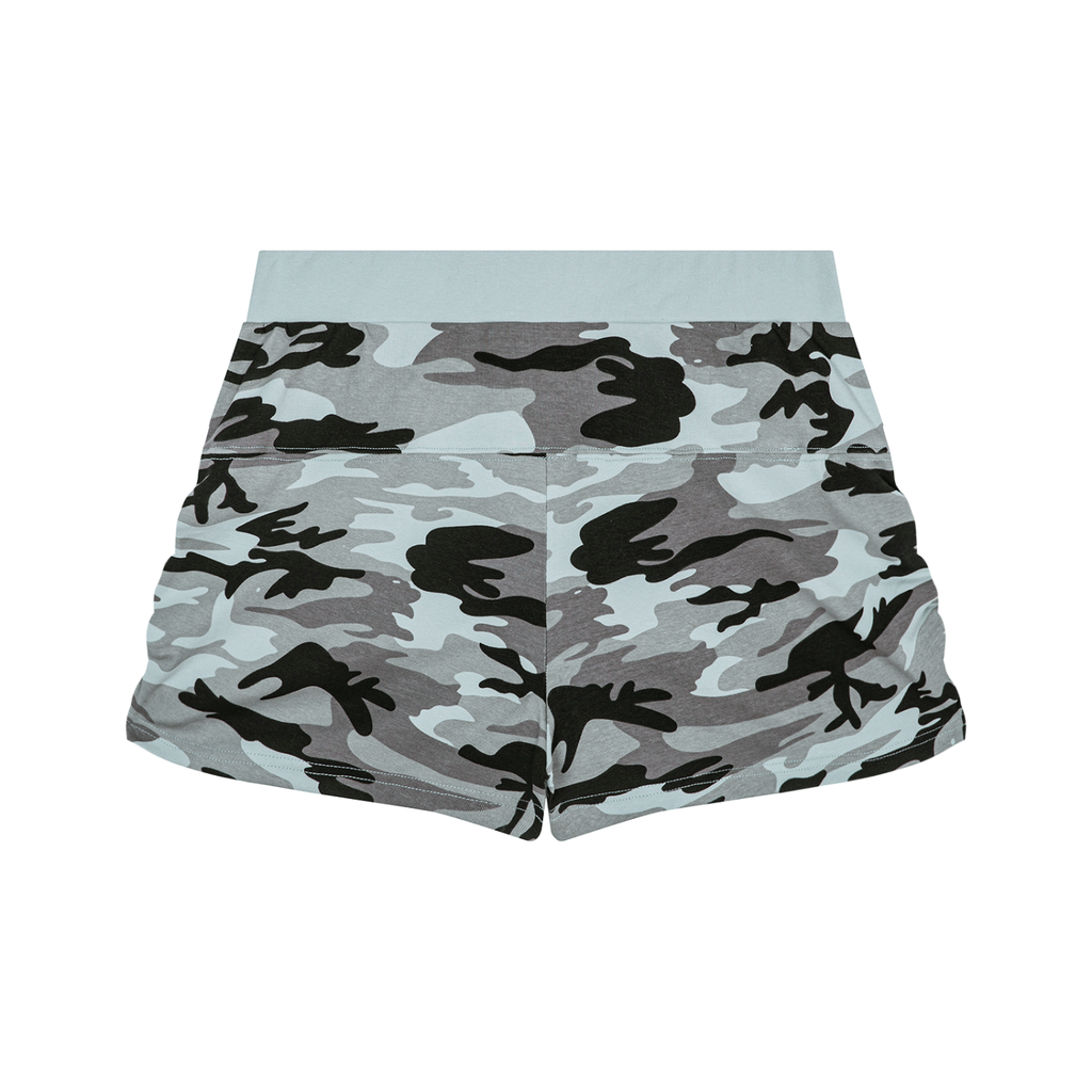 A pair of women's shorts featuring a gray, black, and white camouflage pattern with a solid light gray waistband, shown flat against a white background.