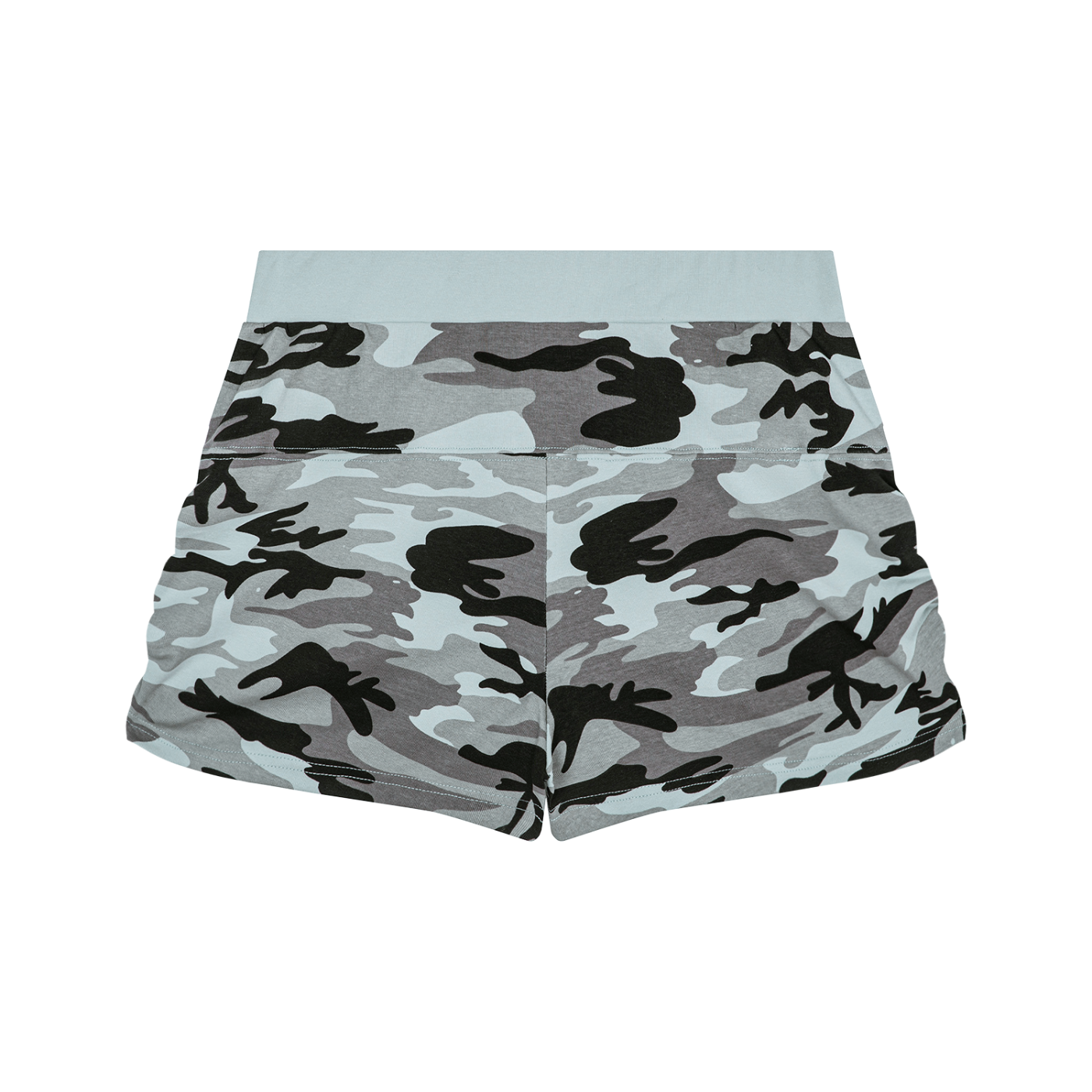 A pair of women's shorts featuring a gray, black, and white camouflage pattern with a solid light gray waistband, shown flat against a white background.