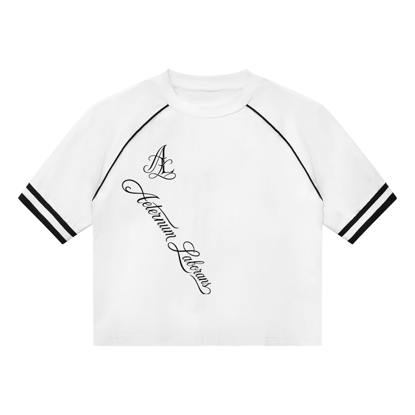 A white short-sleeve crop top with black contrast stitching along the raglan sleeves, featuring a black script 'Aderma Labanyi' logo on the left chest and black stripes on the sleeve cuffs, shown against a plain white background.