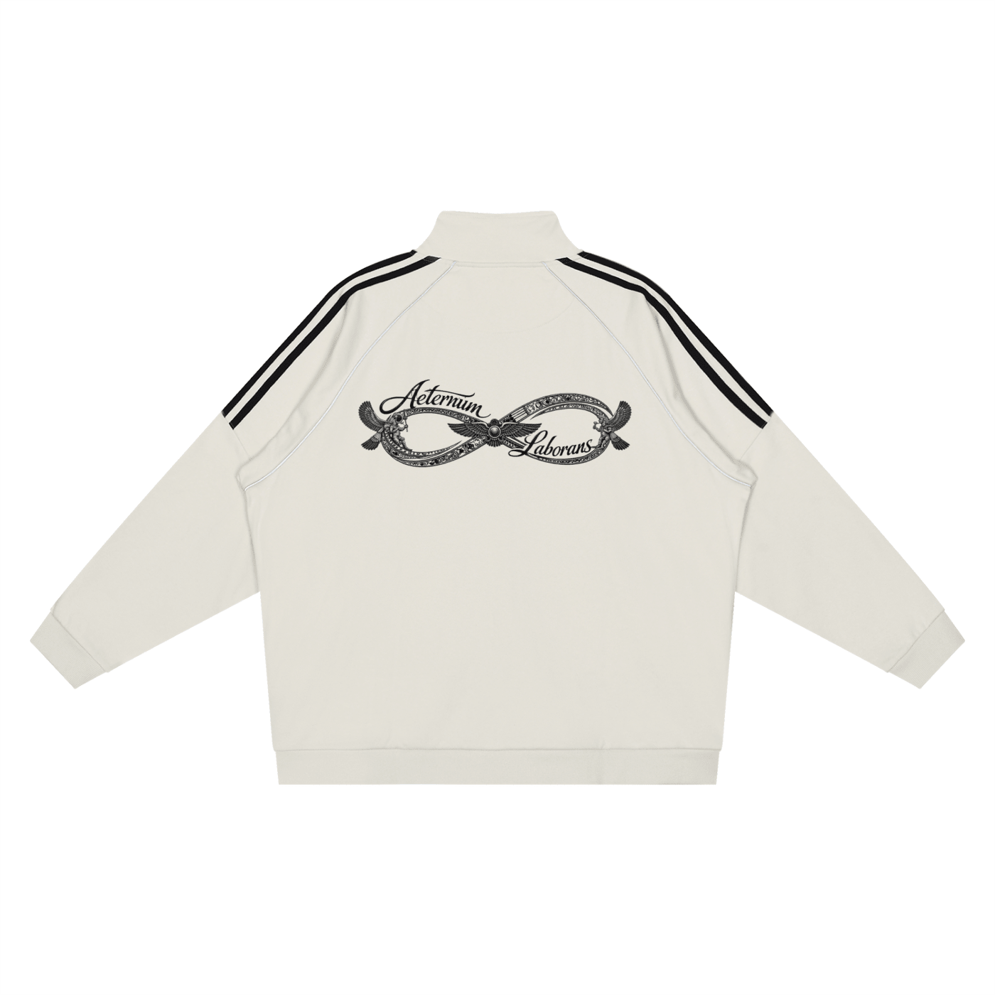 An off-white track jacket shown from the back, featuring black double stripes on the shoulders and a black graphic print in the center with the words 'Asterism Deva'.