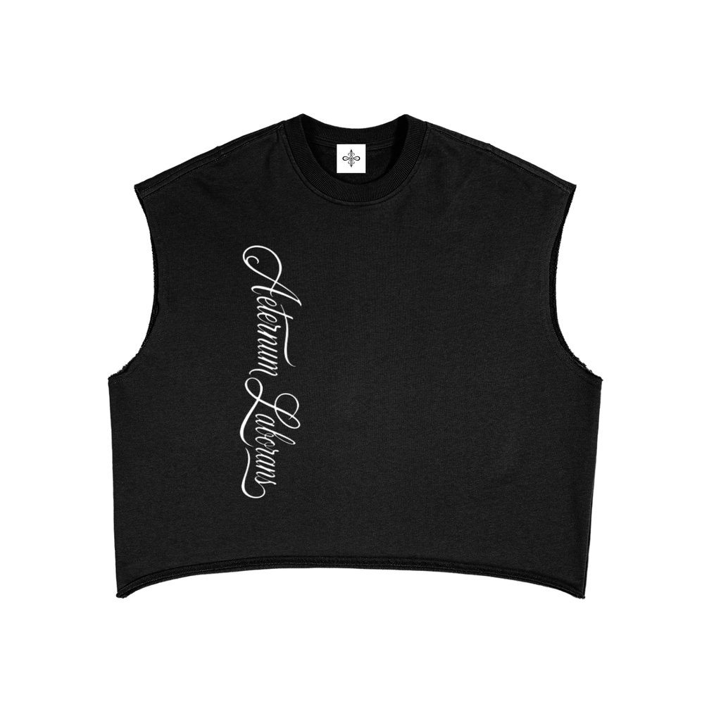 Black sleeveless shirt with white text on a white background