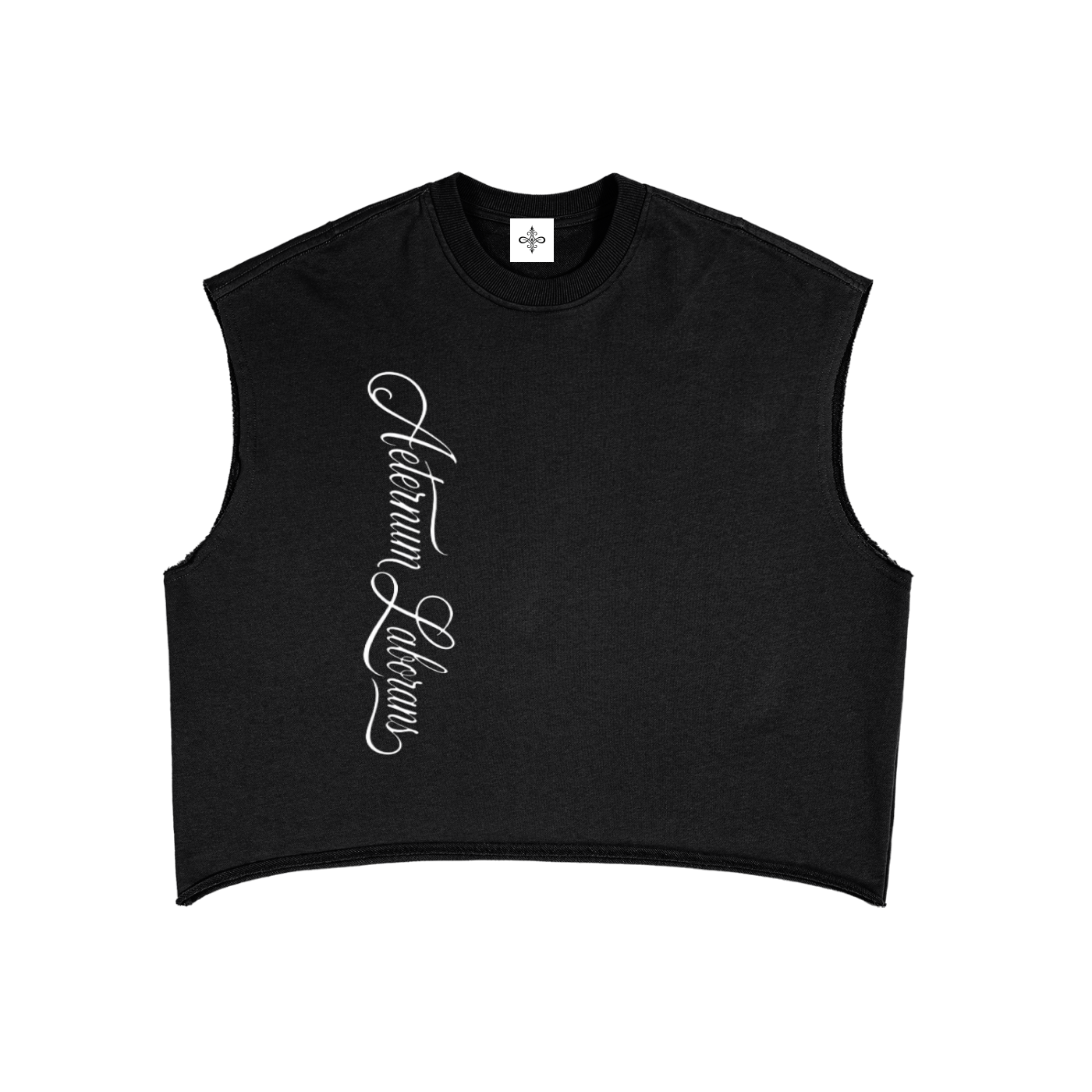 Black sleeveless shirt with white text on a white background