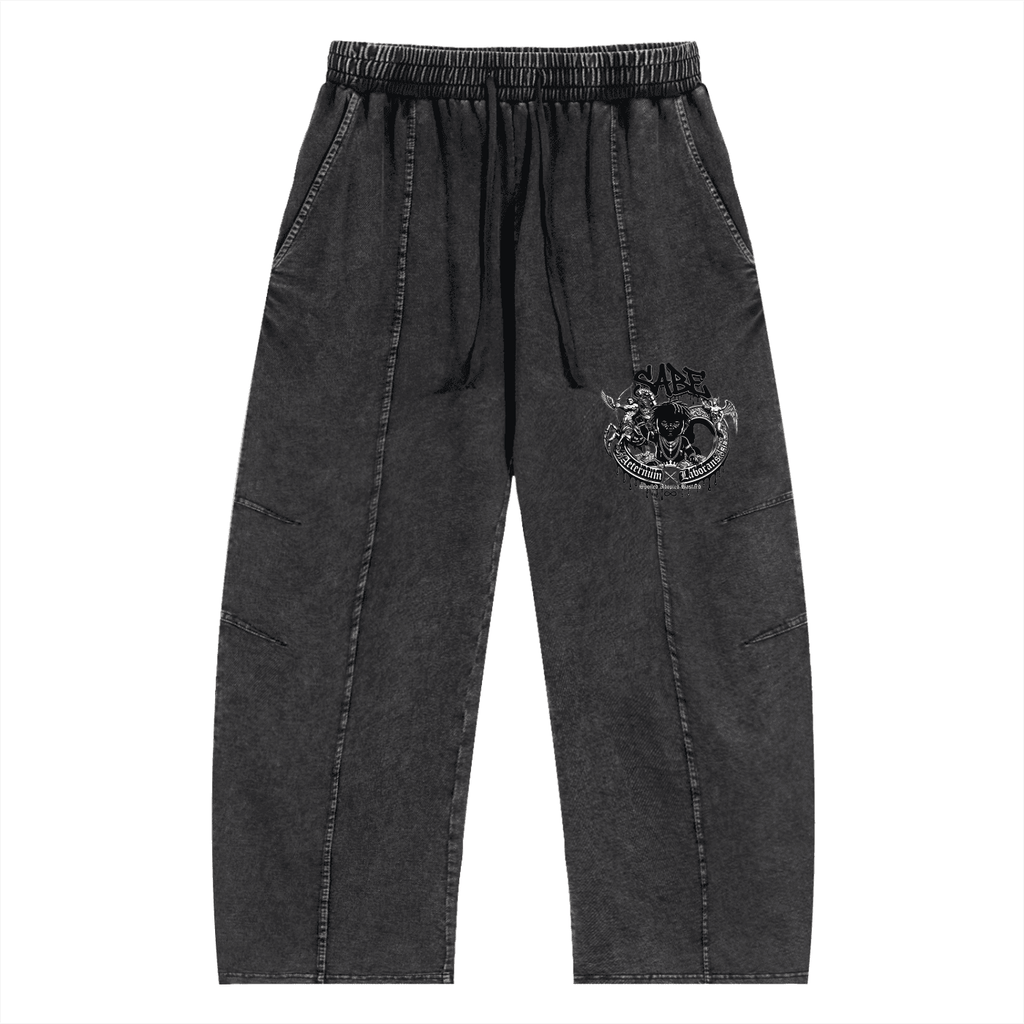 Dark gray pants with a logo on a white background