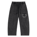 Dark gray pants with a logo on a white background
