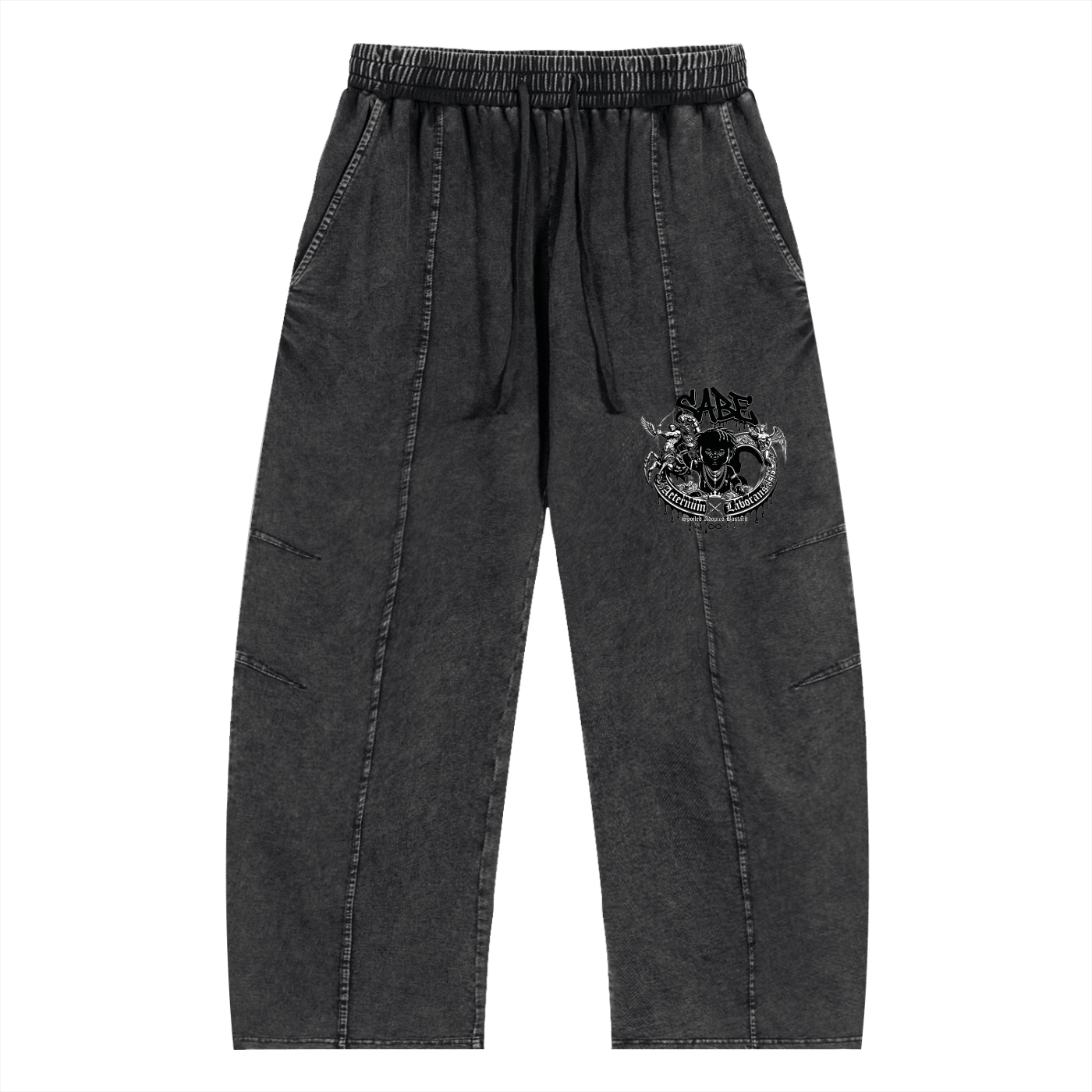Dark gray pants with a logo on a white background