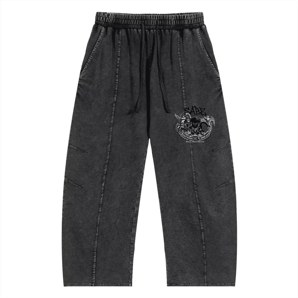 Dark gray pants with a logo on a white background