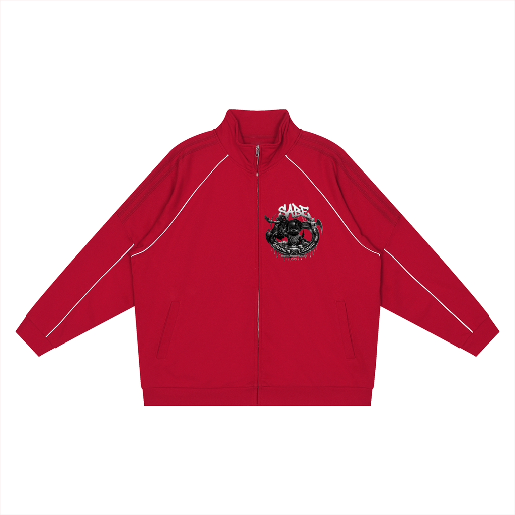 Red jacket with a logo on the chest against a white background