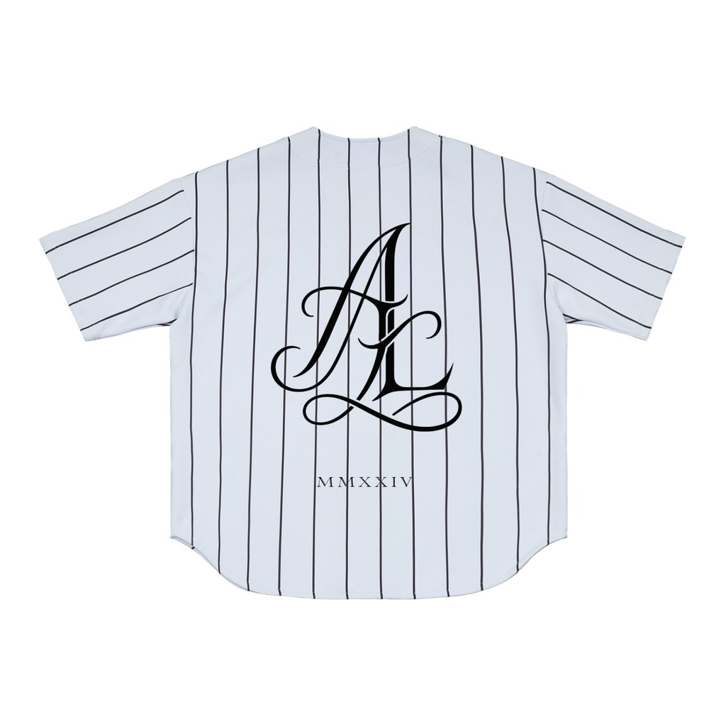 A white short-sleeve baseball-style jersey with thin black vertical pinstripes, featuring a large black cursive 'AL' monogram and the Roman numerals 'MCMXIV' printed on the back.