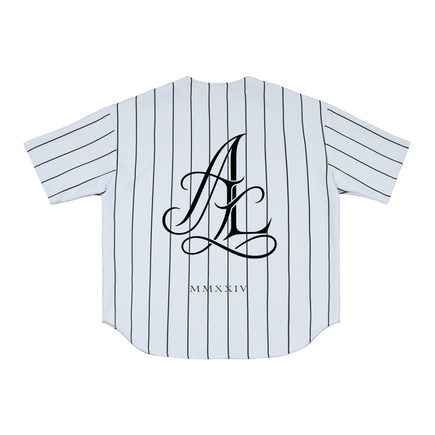 A white short-sleeve baseball-style jersey with thin black vertical pinstripes, featuring a large black cursive 'AL' monogram and the Roman numerals 'MCMXIV' printed on the back.