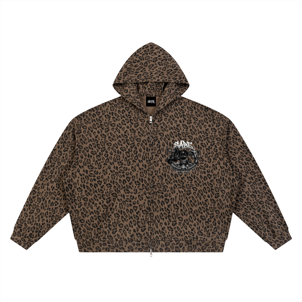 Leopard print hoodie with a brand logo on a white background