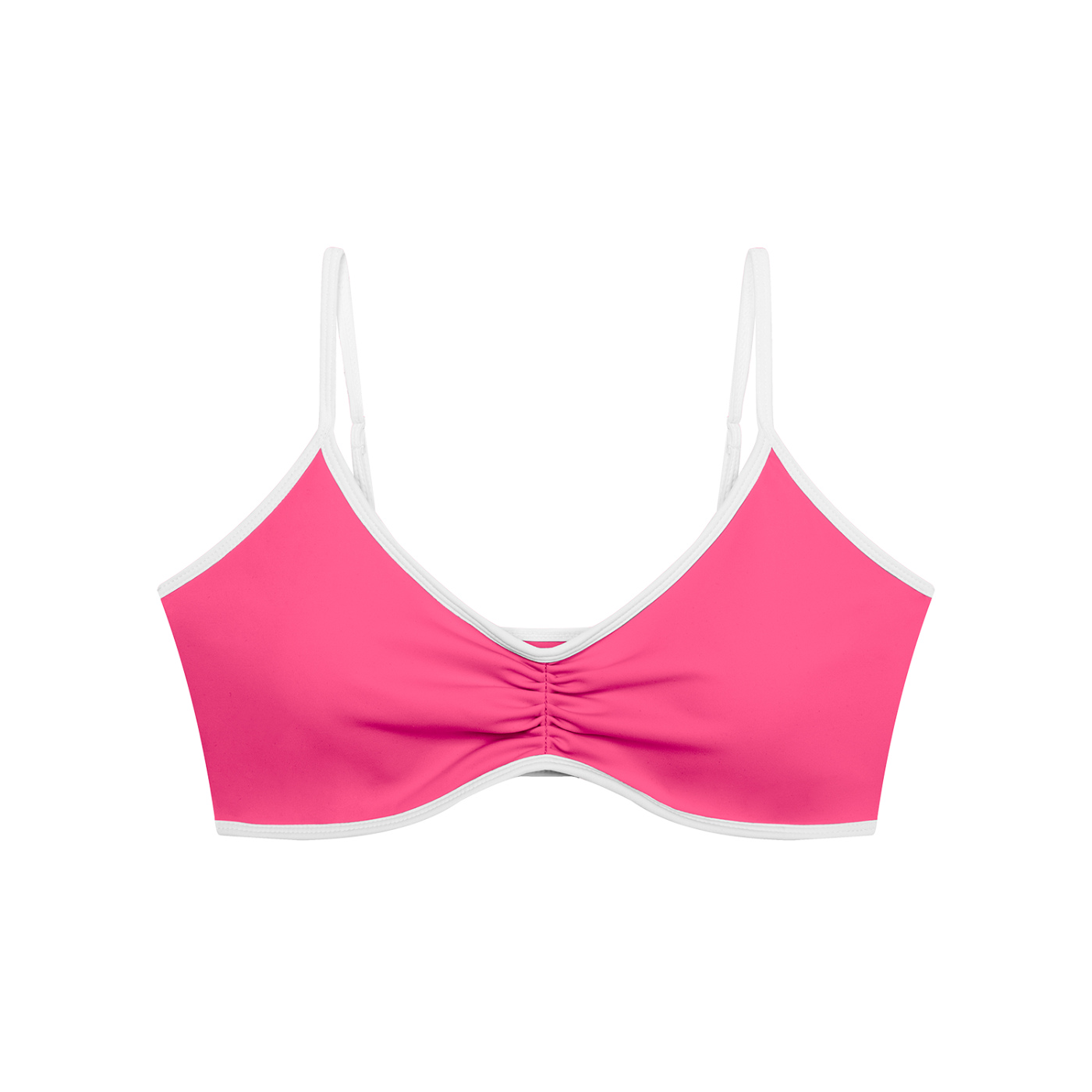 Pink bikini top with white straps on a white background