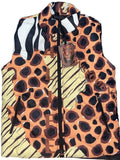 Multicolored patterned vest with a brand tag on a white background