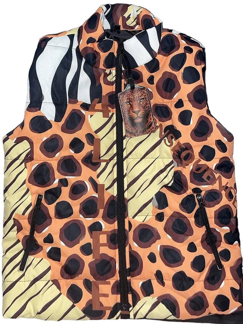 Multicolored patterned vest with a brand tag on a white background