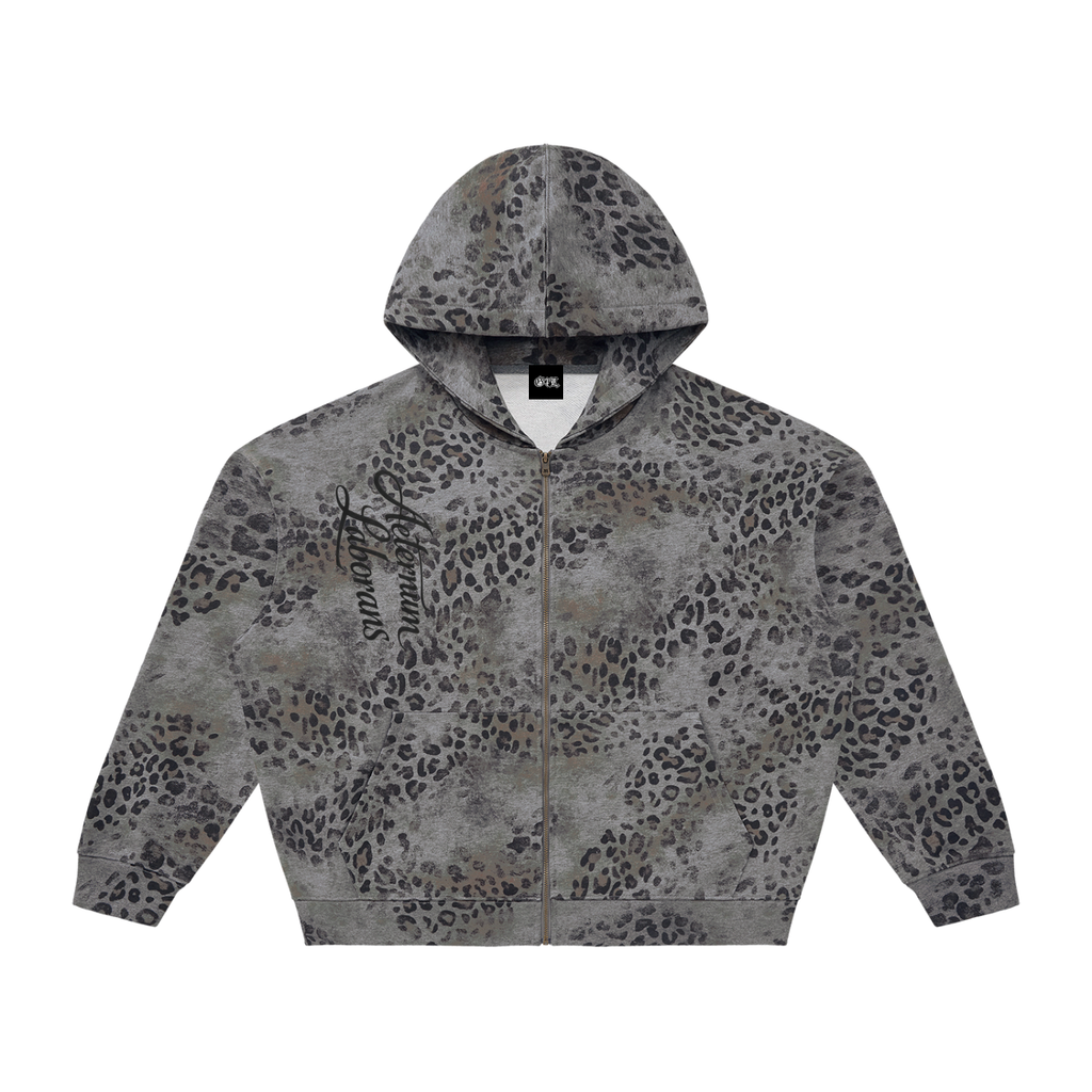 Gray Leopard Vintage Wash Leopard Full Zip Hoodie