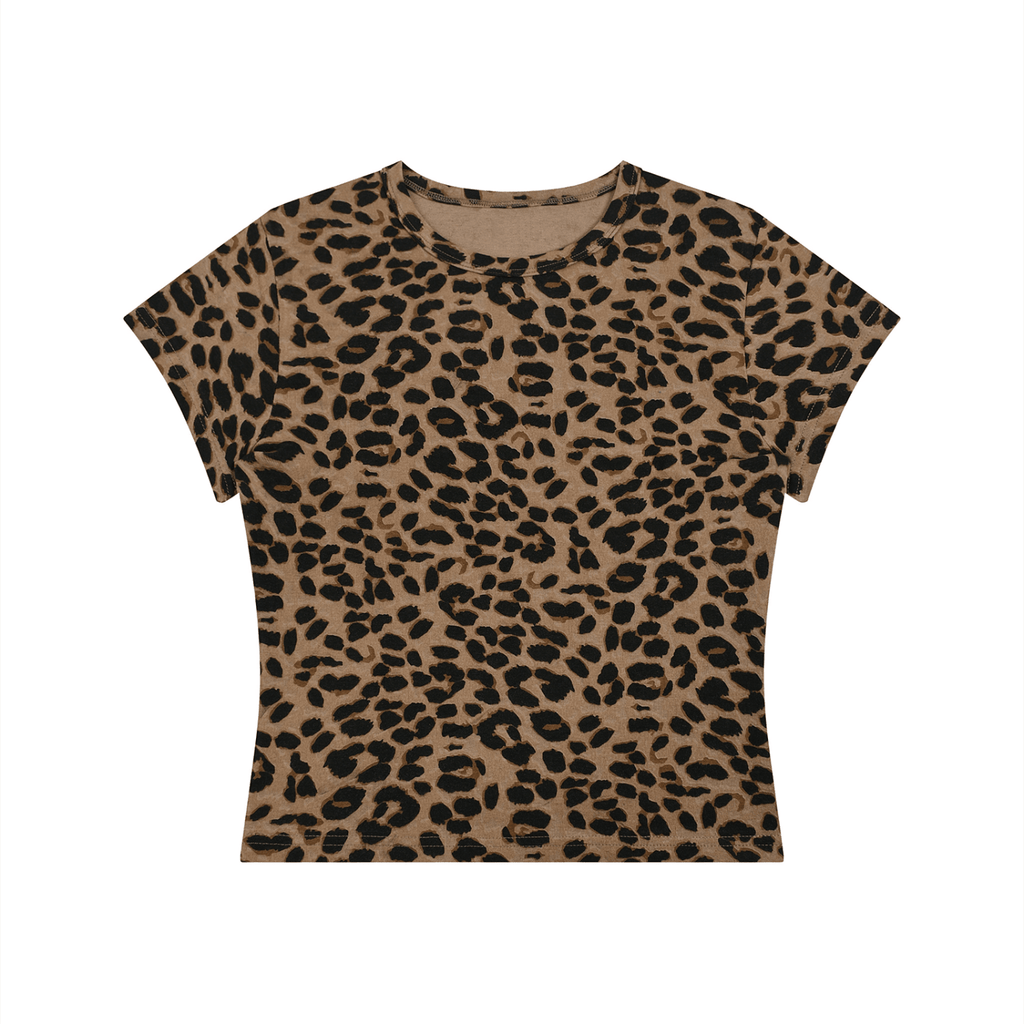 A short-sleeve crewneck crop top featuring a classic leopard print pattern in tan and black, presented flat against a solid white background.