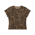 A short-sleeve crewneck crop top featuring a classic leopard print pattern in tan and black, presented flat against a solid white background.