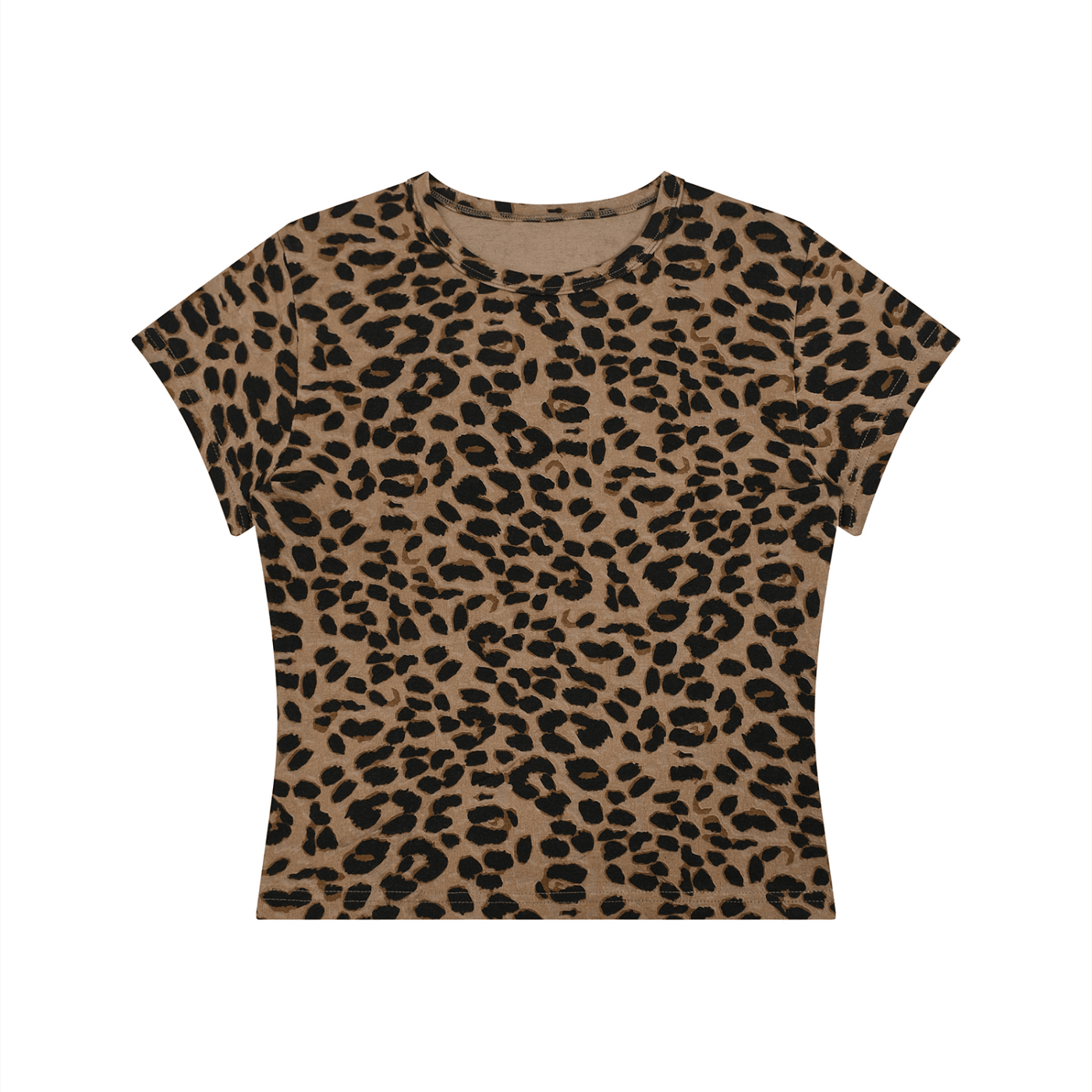 A short-sleeve crewneck crop top featuring a classic leopard print pattern in tan and black, presented flat against a solid white background.