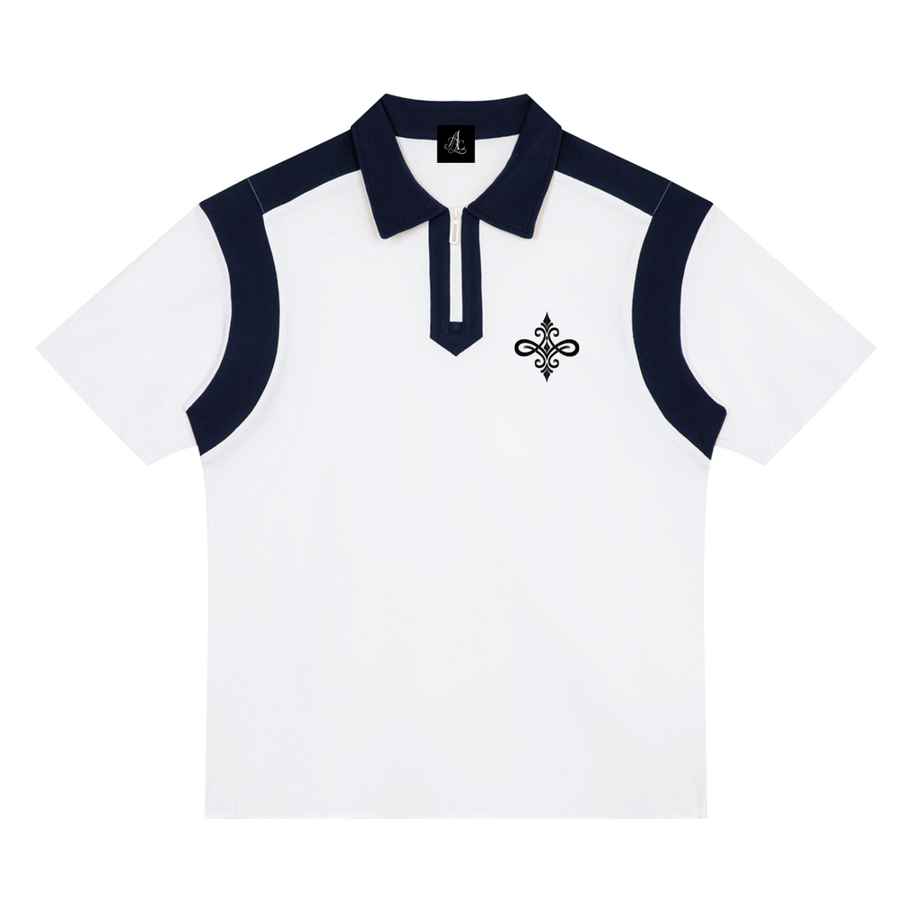 A white short-sleeve polo shirt with dark navy blue contrast panels on the collar, placket, shoulders, and sleeves, featuring a small black embroidered cross-like logo on the left chest.
