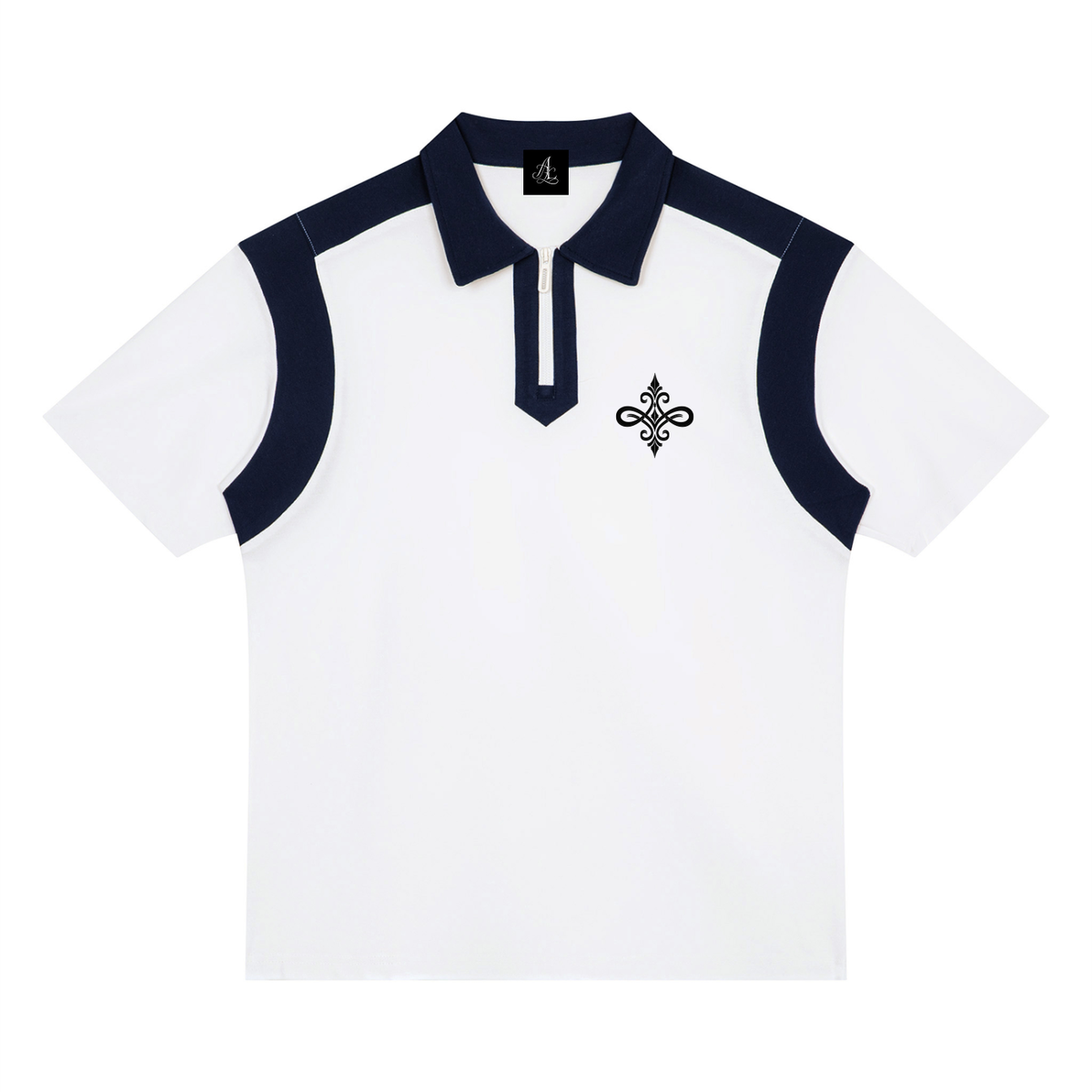 A white short-sleeve polo shirt with dark navy blue contrast panels on the collar, placket, shoulders, and sleeves, featuring a small black embroidered cross-like logo on the left chest.