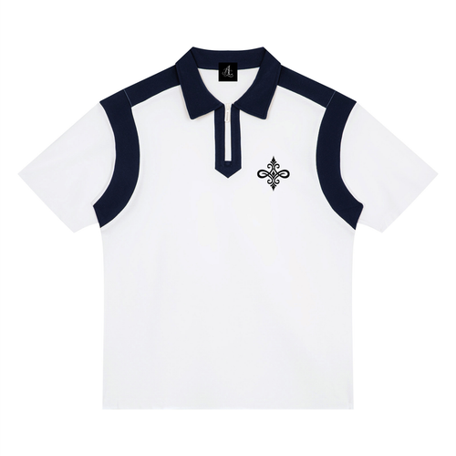 A white short-sleeve polo shirt with dark navy blue contrast panels on the collar, placket, shoulders, and sleeves, featuring a small black embroidered cross-like logo on the left chest.