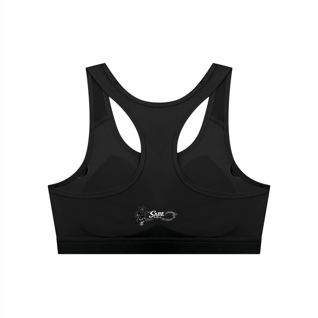 Black sports bra with a brand logo on a white background