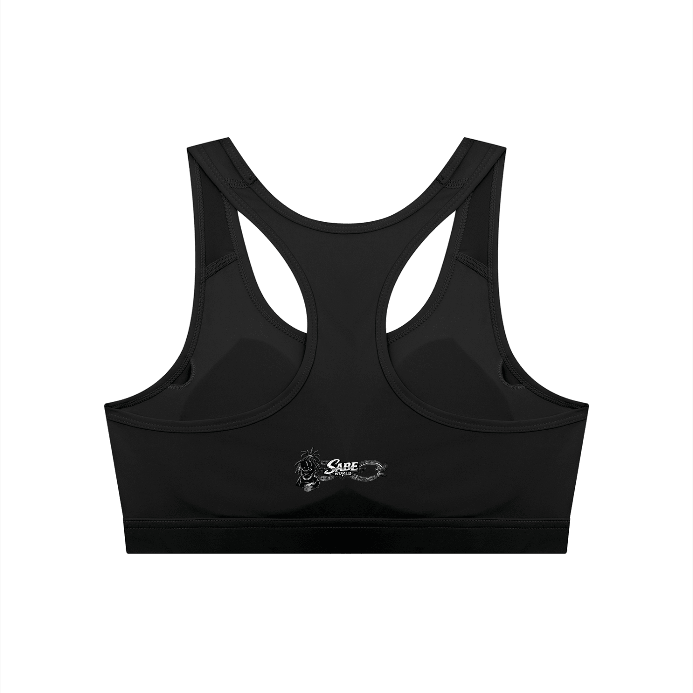 Black sports bra with a brand logo on a white background