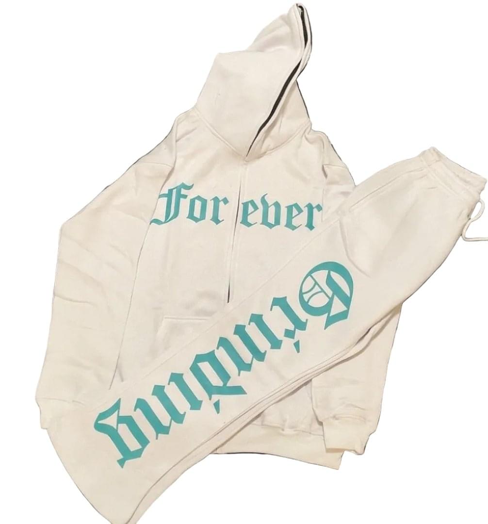 Beige hoodie with teal text on a white background