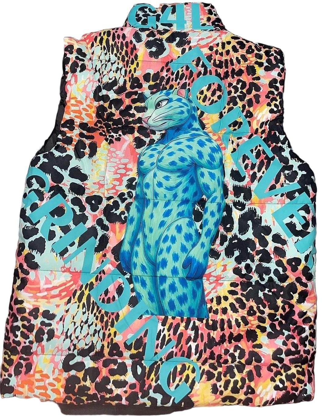 Colorful vest with a blue panther design and text on a white background